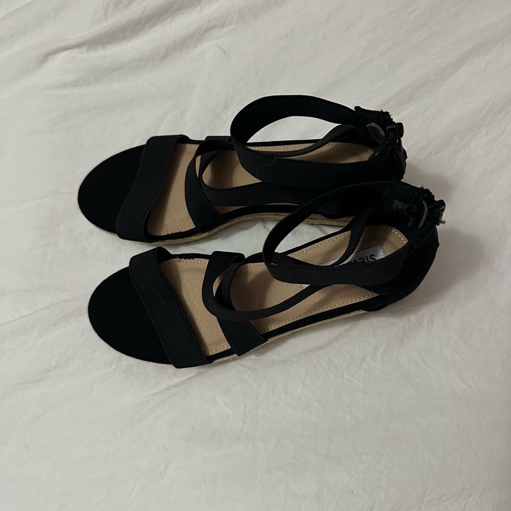 Black and tan espadrilles with cork wedge and ankle strap